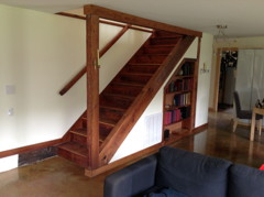 New stairway from reclaimed heartwood pine flooring.